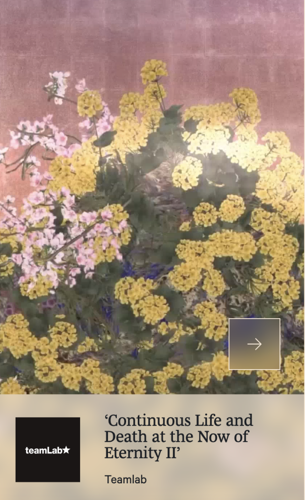 A digital artwork shows yellow and white flowers blooming densely against a textured, muted pink background. The flowers are lush, creating a vibrant, layered composition.
