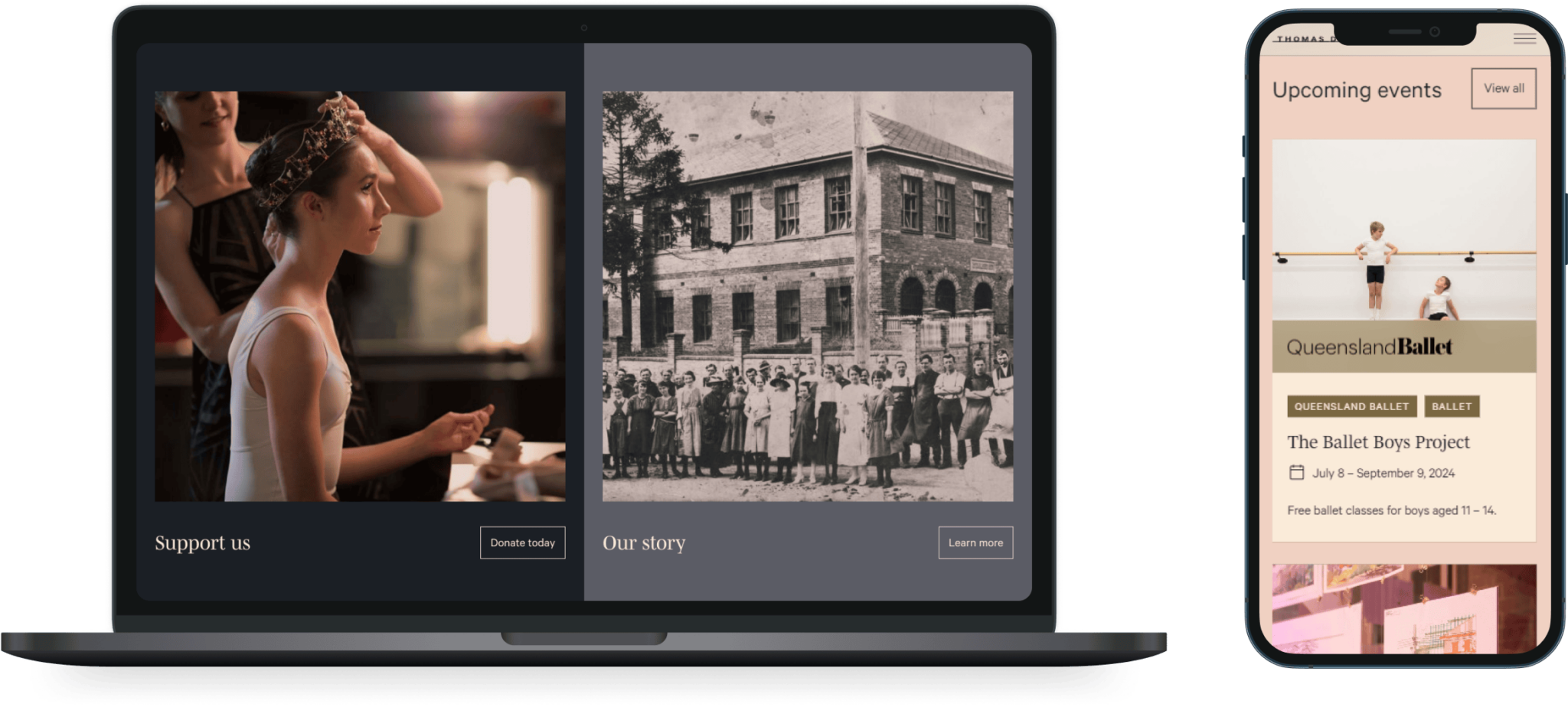 A laptop shows a ballet website with modern and historical images; a phone beside it displays an events page for Queensland Ballet.