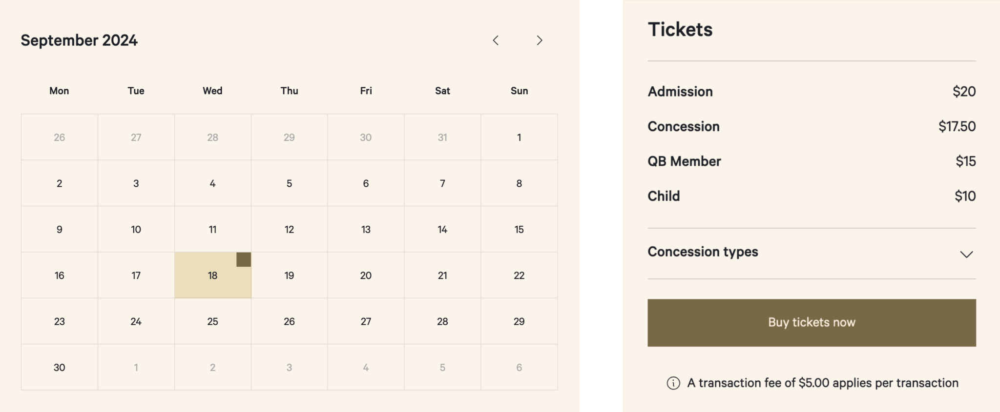 A calendar for September 2024 shows the 18th highlighted. Next to it, ticket prices are listed: Admission $20, Concession $17.50, QB Member $15, Child $10. There's a button to buy tickets and a $5 fee notice.