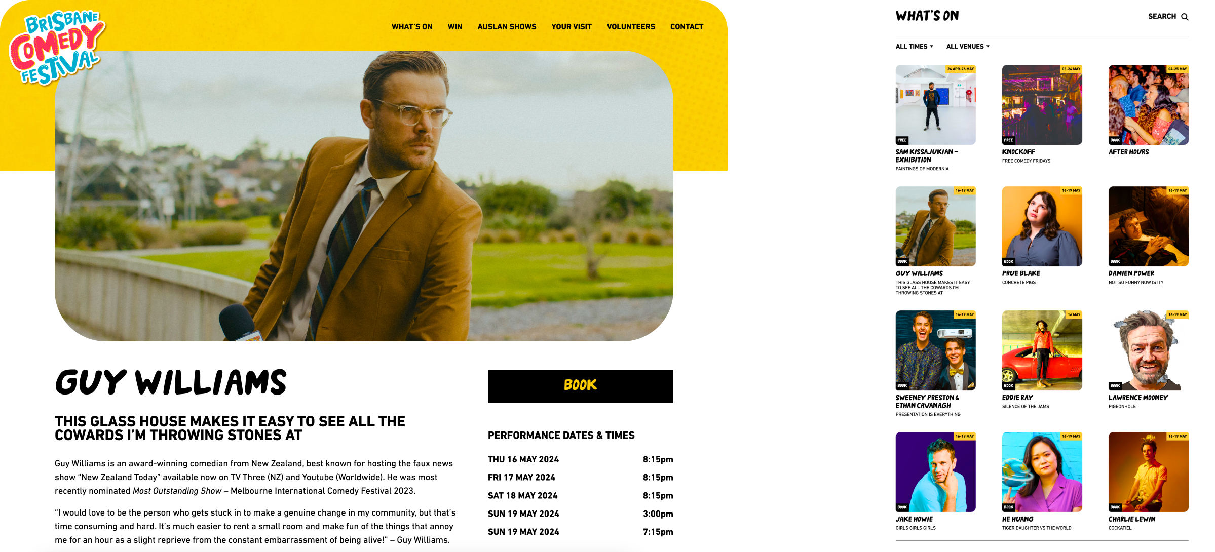 A website page features comedian Guy Williams in a tan suit with a microphone outdoors. The sidebar lists performers and dates for the 2024 Brisbane Comedy Festival, with colorful performer photos.