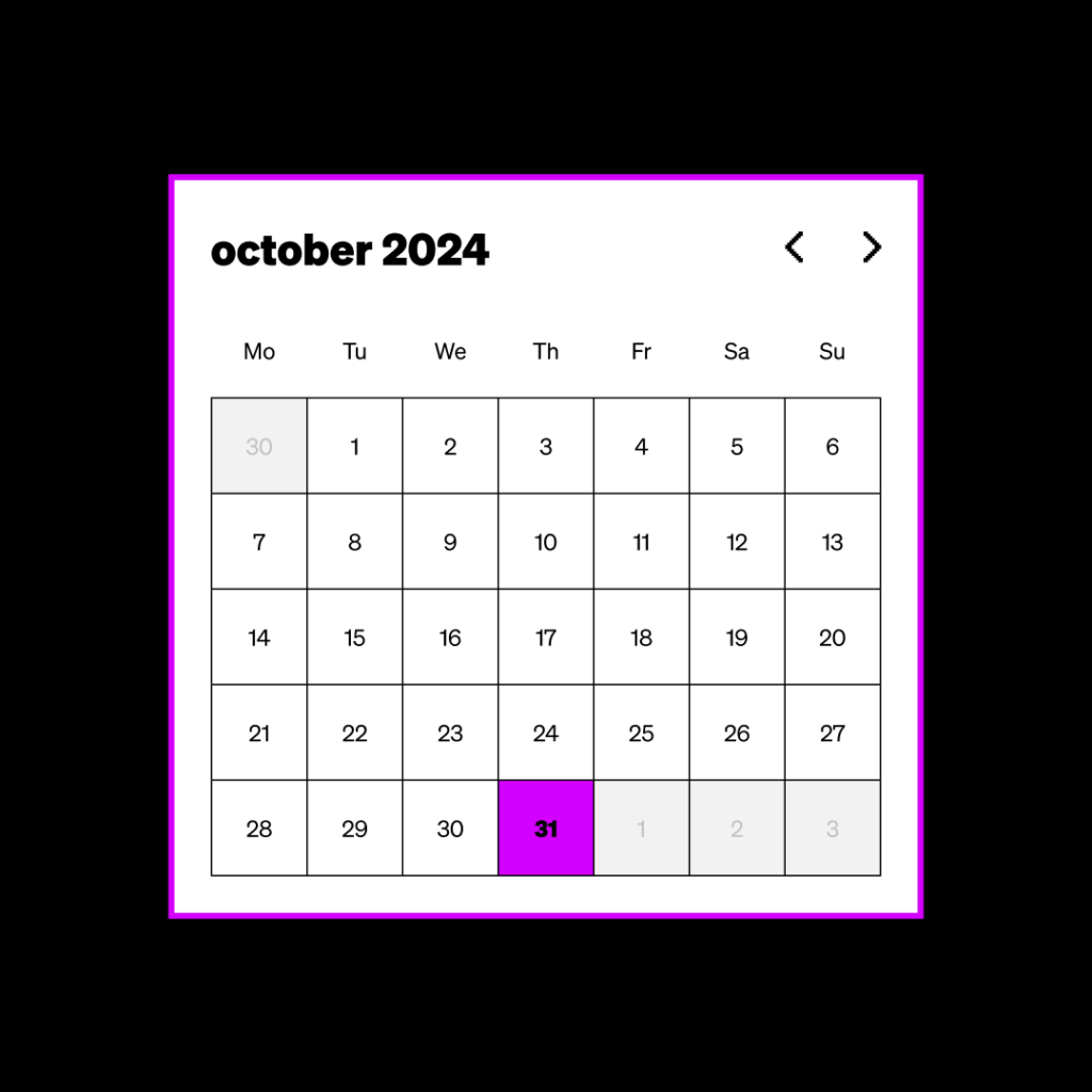 A calendar for October 2024 with the 31st highlighted in purple. The days of the week are labeled from Monday to Sunday along the top.