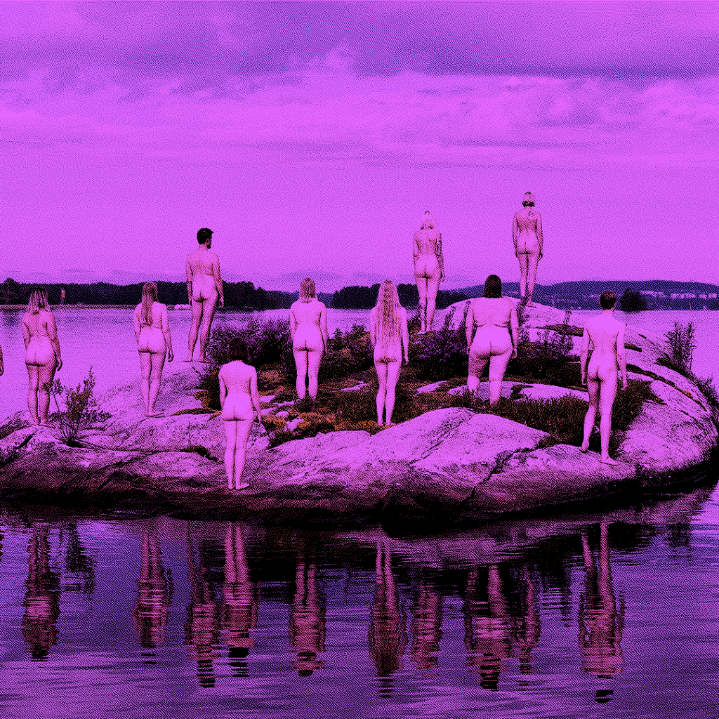 A group of nude people stand on a rocky island, facing away, with water and a distant shoreline in the background. The entire image is tinted purple.