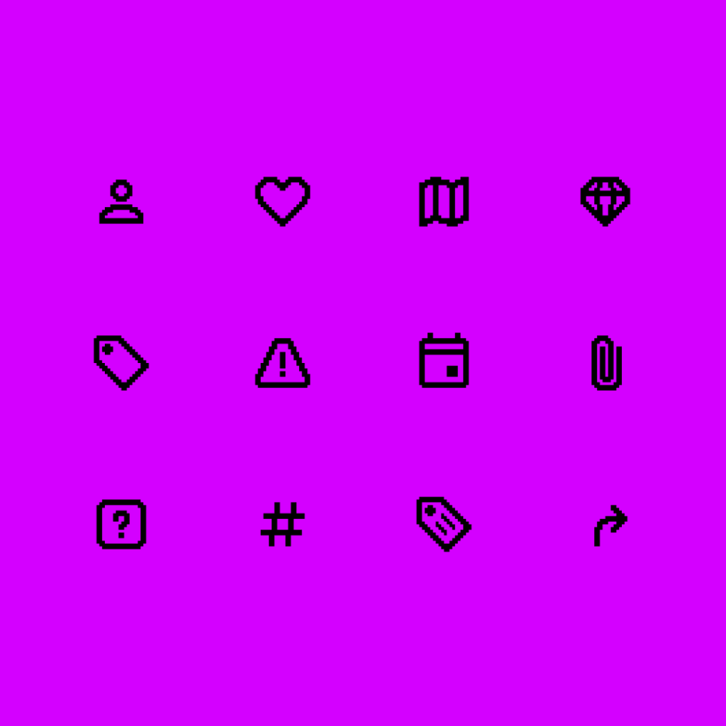 Twelve black icons on a purple background, including person, heart, map, gem, tag, warning, calendar, paperclip, question mark, hashtag, label, and curved arrow.