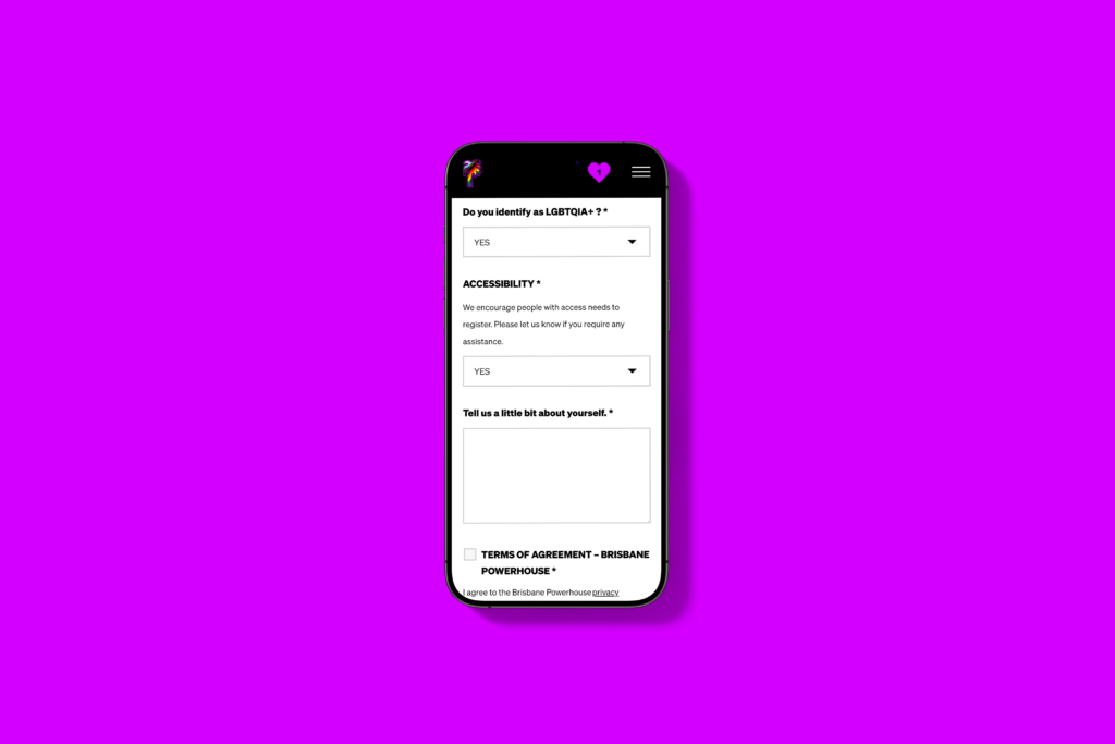 A smartphone displays a form asking about LGBTQIA+ identity, accessibility needs, a text box to describe oneself, and a terms of agreement checkbox, set against a bright purple background.