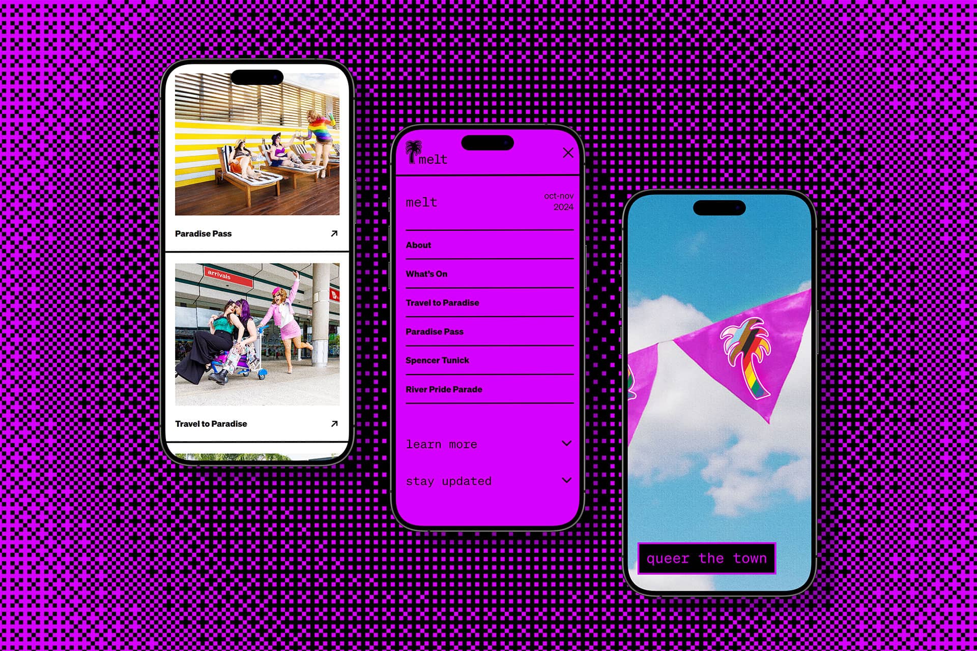 Three smartphone screens display a colorful event app with photos of people, pink flags with a lion symbol, and a bright pink menu, set against a pink and black dotted background.