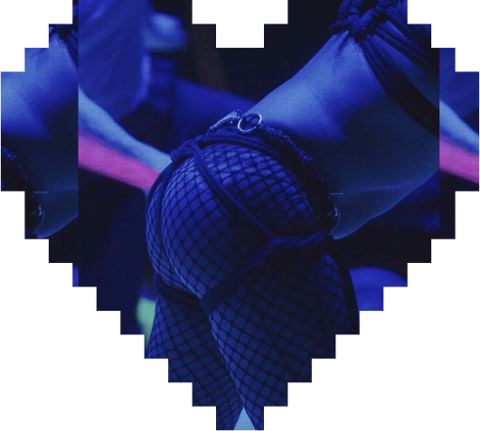 A person wearing fishnet stockings and lingerie is shown in a close-up, with a heart-shaped border and blue lighting.