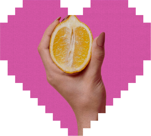 A hand with manicured nails holds half a lemon against a bright pink background framed by a pixelated heart shape.