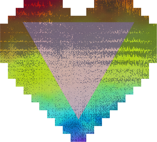A pixelated heart shape with a rainbow gradient background and a large, centered, textured purple triangle overlaying the heart.