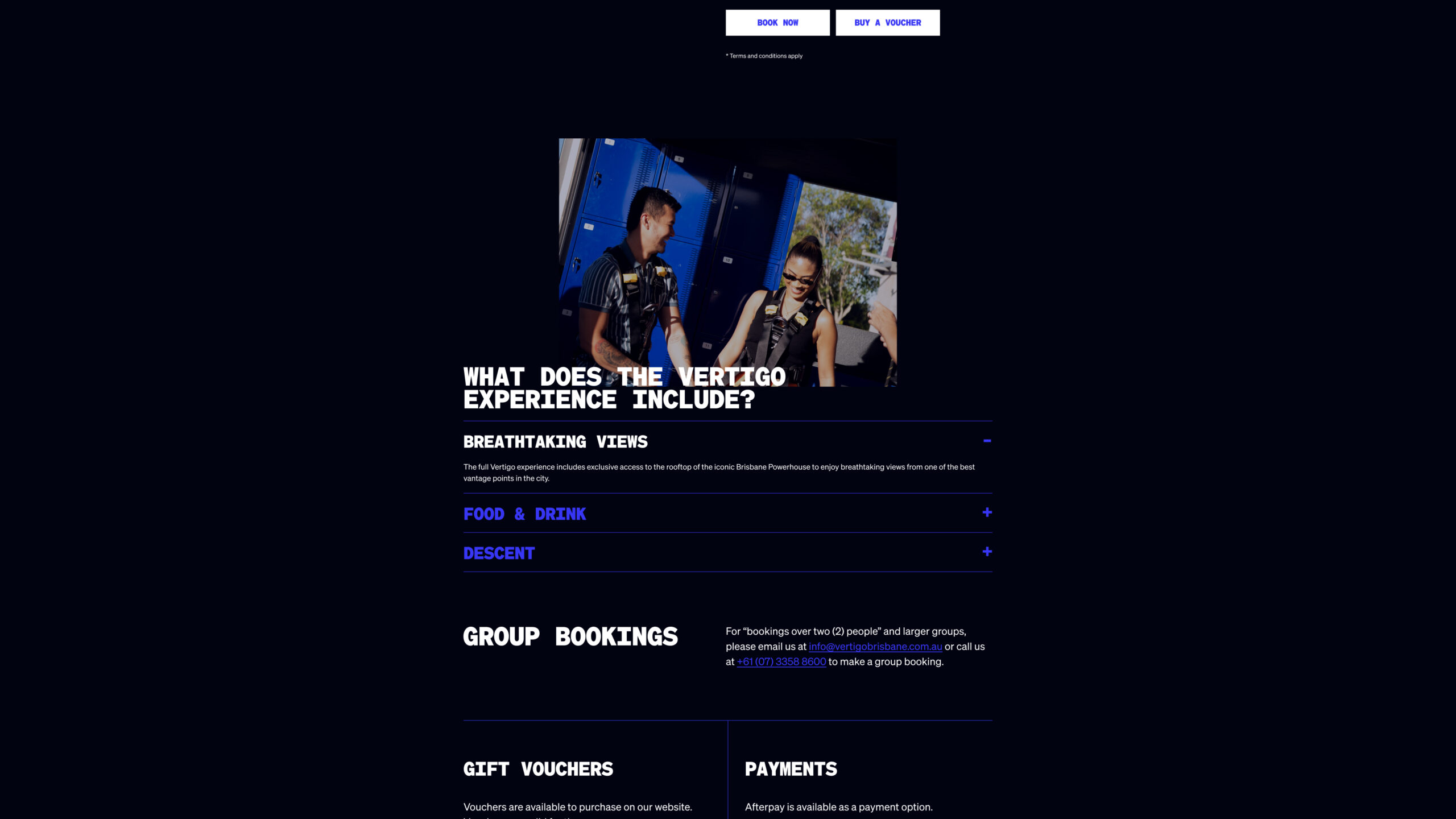 Two people in harnesses stand near blue metal structures. Below, text describes the Vertigo Experience, including views, food, drink, and descent, along with information about group bookings, vouchers, and payment options.