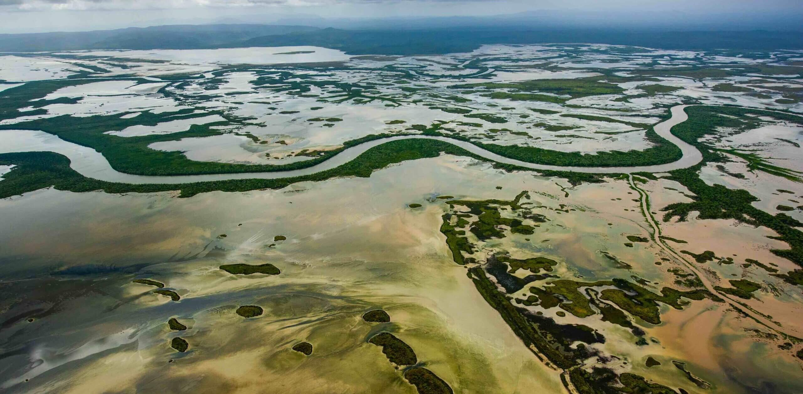 Aerial view of a vast, serene wetland landscape with winding rivers and scattered patches of greenery. The waterways meander through the marshy, flooded terrain, creating a pattern of waterways and islands under a cloudy sky.