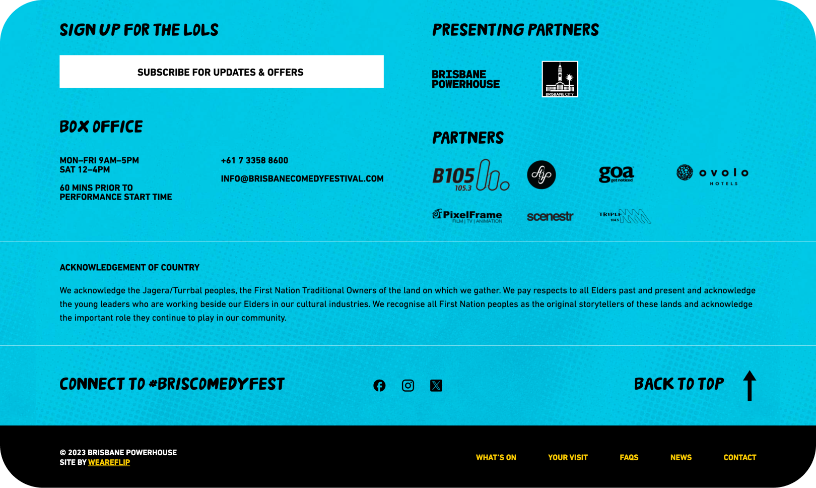 A website section features Brisbane Comedy Festival partners, box office info, subscription button, event start time note, Indigenous land acknowledgement, and social media icons on a blue background.