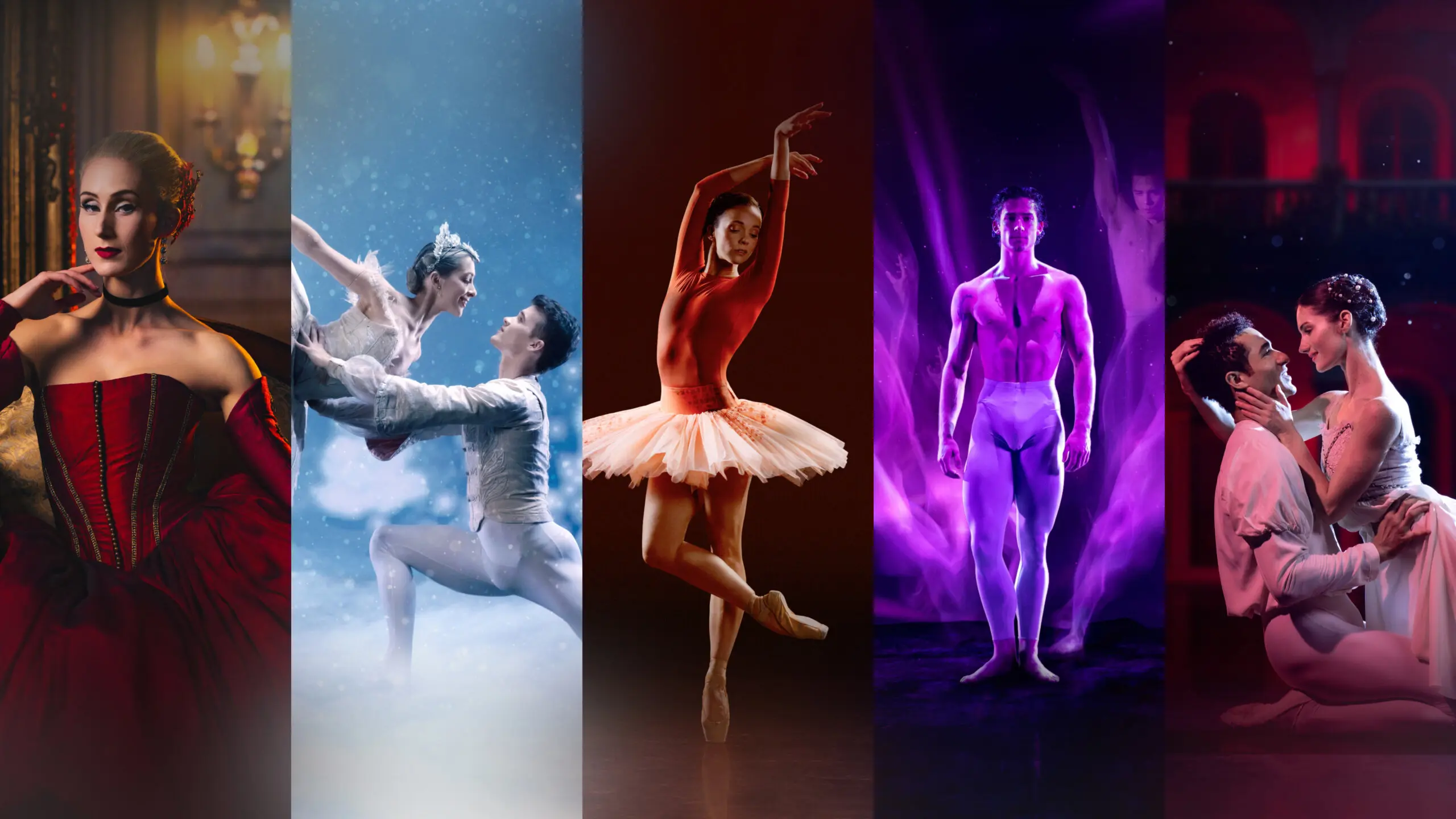 A collage shows five ballet dancers in various costumes and poses, each set against distinct colorful backgrounds, including red, blue, and purple tones, highlighting the elegance and diversity of ballet.