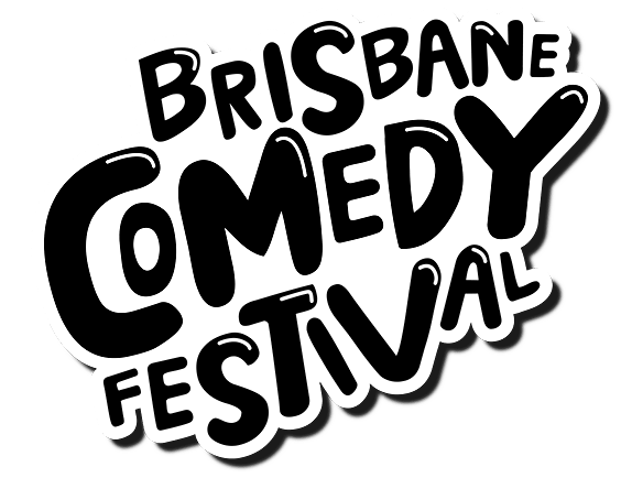 Logo for the Brisbane Comedy Festival, featuring bold, playful, black and white bubble-style letters arranged in a dynamic layout.