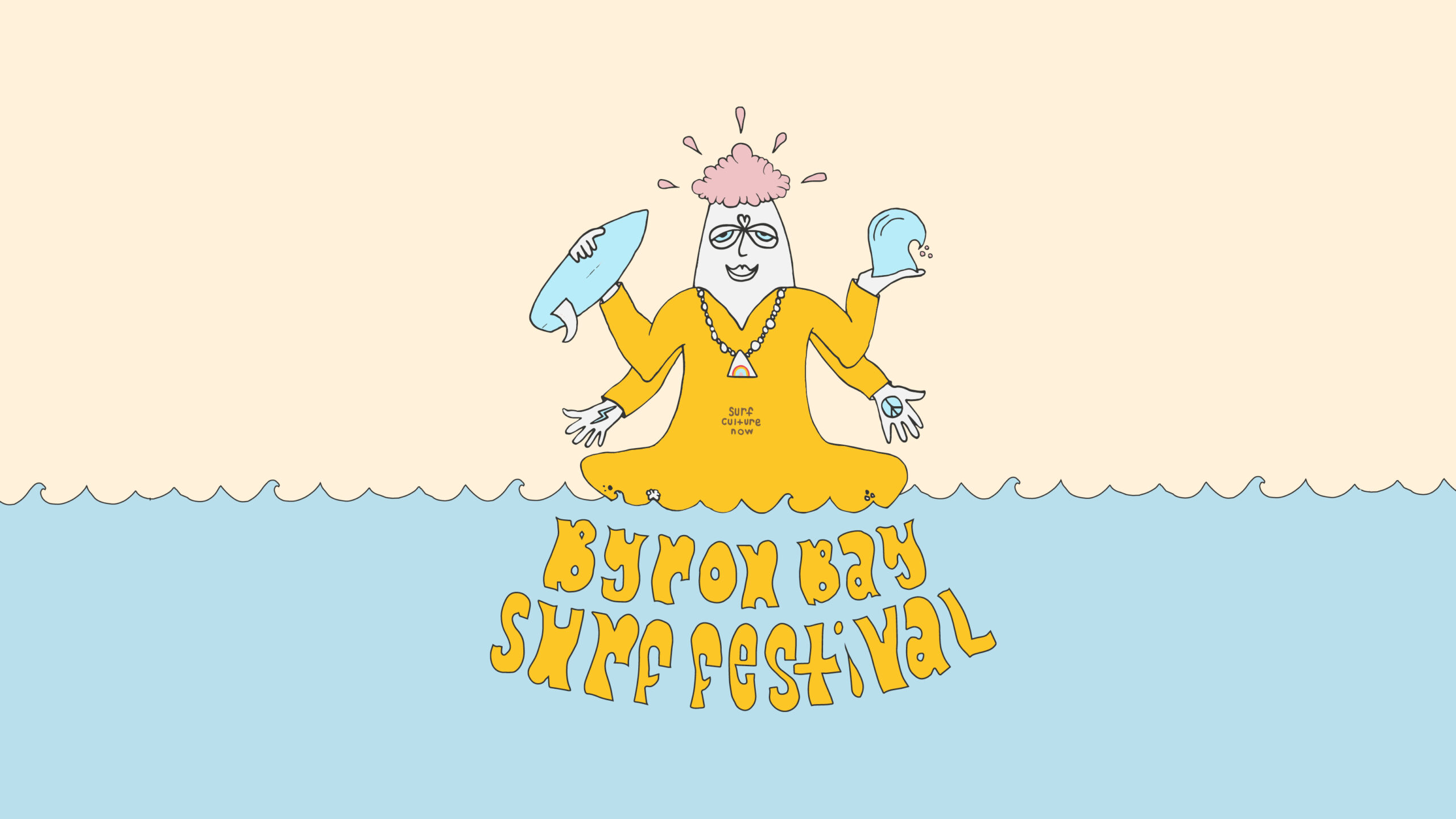 A cartoon character with four arms, a flower hat, and sunglasses floats above water, holding a surfboard and a shell. Below, the wavy text reads "Byron Bay Surf Festival." The background is split between sand and sea.