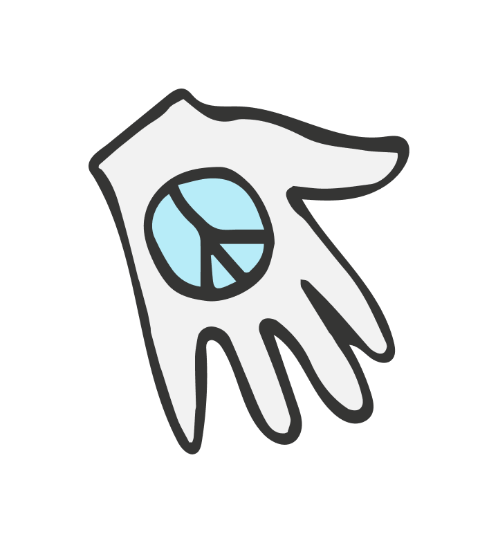 A simple illustration of a hand with a blue peace symbol drawn in the center of the palm. The drawing uses black outlines and minimal color on a white background.