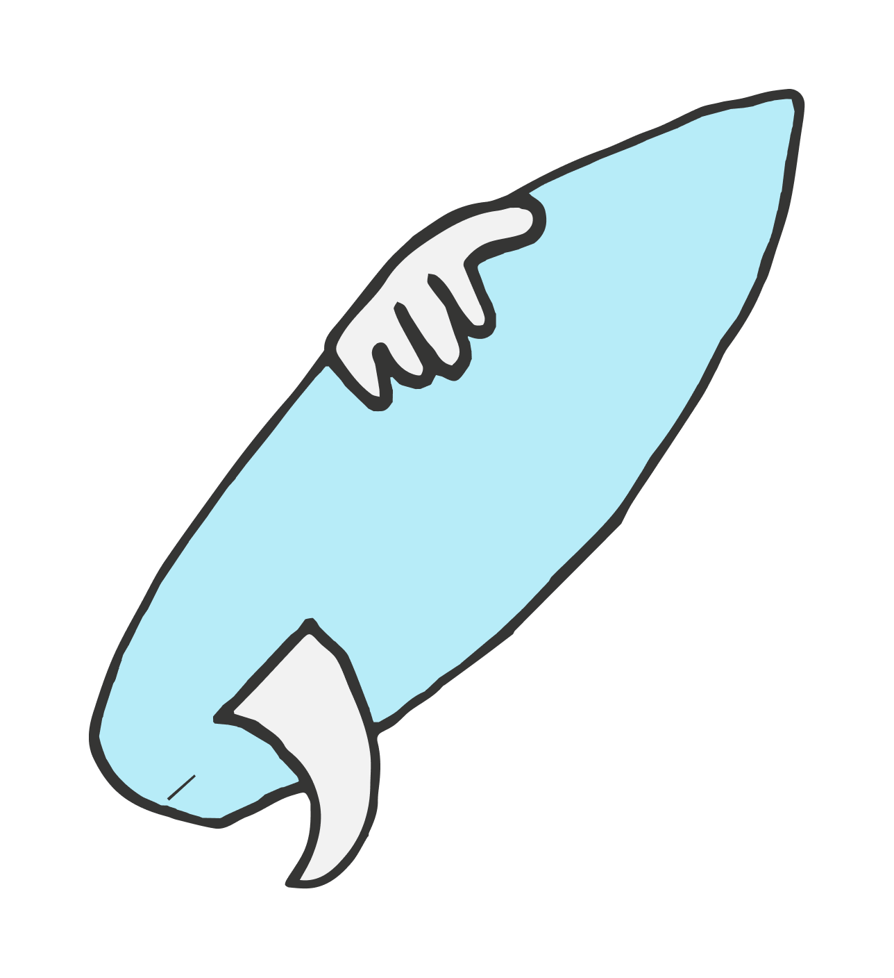 A simple drawing of a light blue surfboard with a fin at the bottom and a hand resting on top of it, all outlined in black on a white background.
