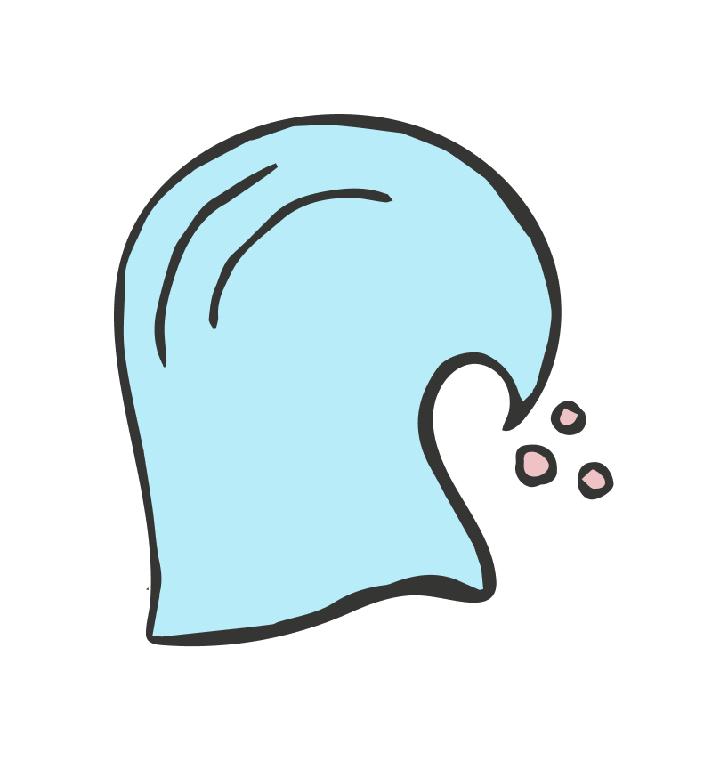 A simple illustration of a blue ocean wave with three small splash droplets on the right side, outlined in black on a white background.