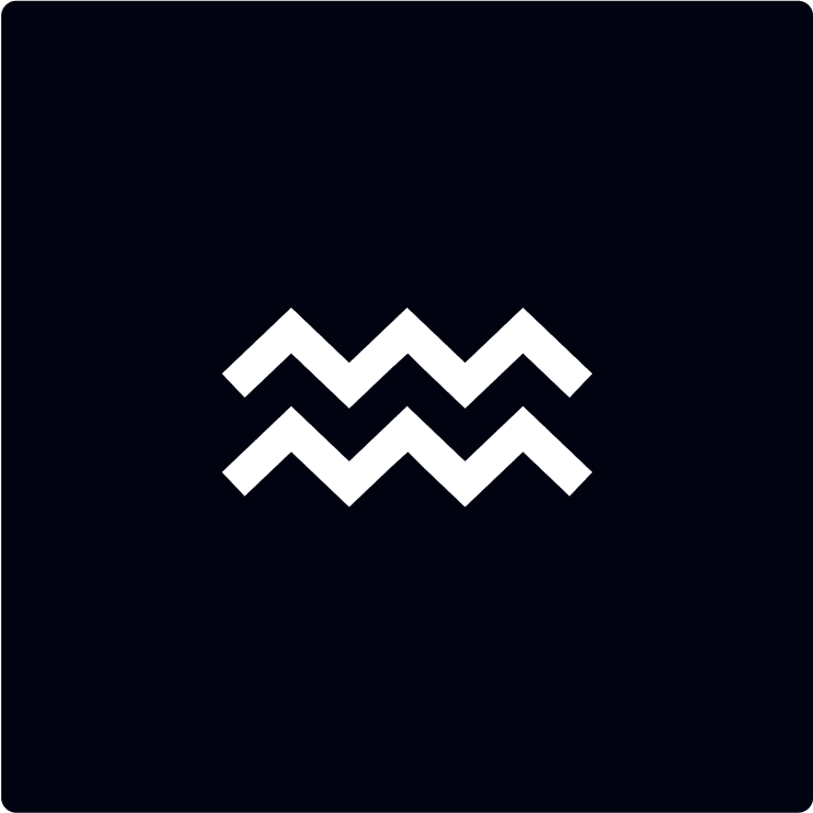 White Aquarius zodiac symbol, featuring two parallel zigzag lines, centered on a solid black background with rounded corners.