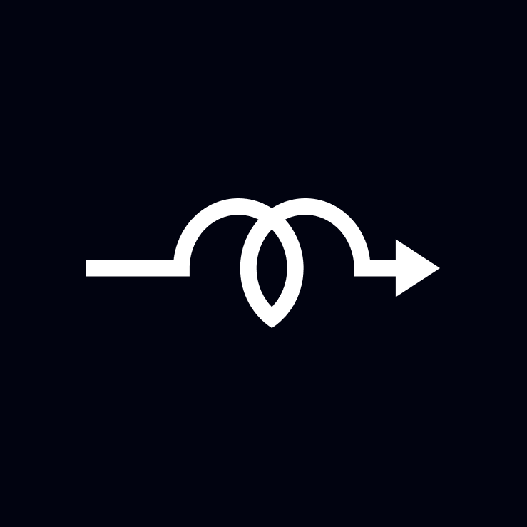 A white arrow bends into a loop resembling an infinity symbol before straightening out and pointing right, set against a black background.