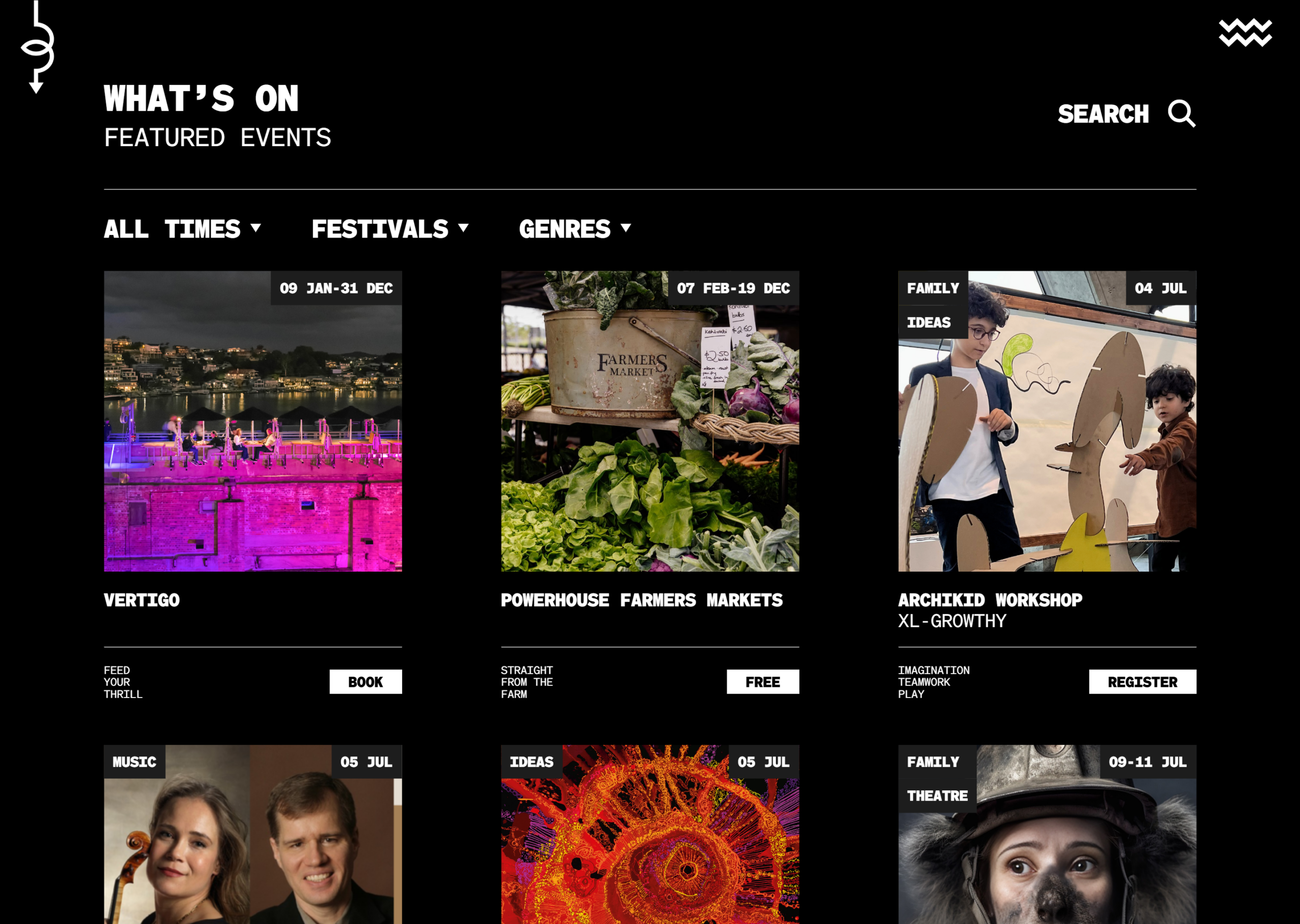 A website page displays featured event listings with images, categories, dates, and buttons to book or register. Events include Vertigo, Powerhouse Farmers Markets, an Archikid Workshop, and others under various genres.