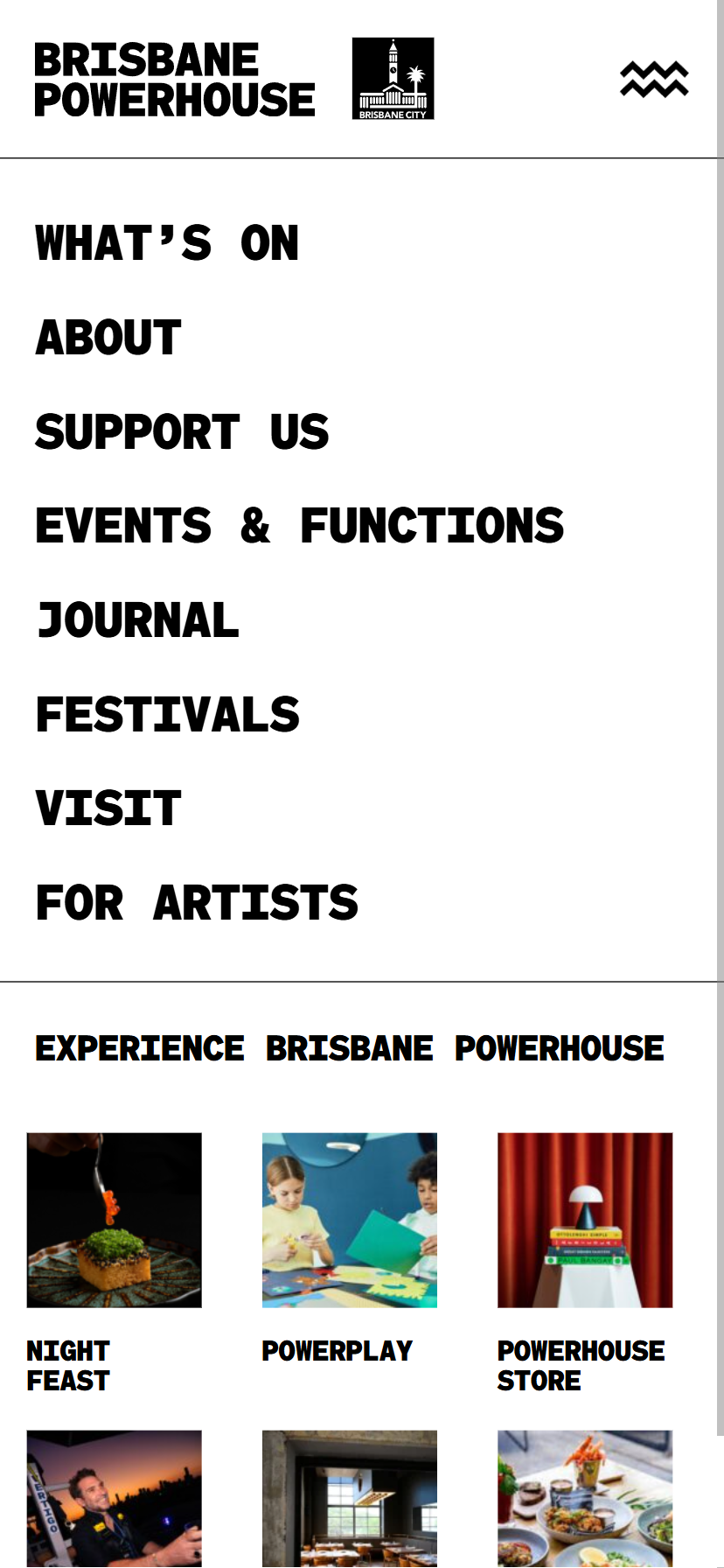Screenshot of Brisbane Powerhouse website with menu options like What's On, About, Support Us, Events & Functions, Journal, Festivals, Visit, and For Artists, plus images for experiences such as Night Feast and Powerplay.