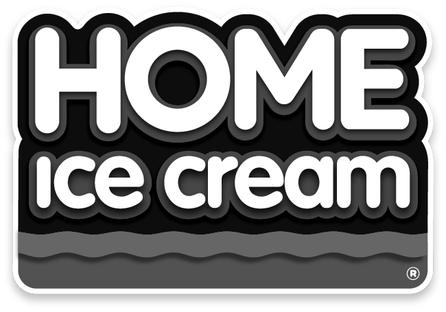 Logo with the words "HOME ice cream" in bold, white letters on a dark, rounded rectangular background with a wavy design at the bottom.