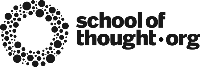 Logo for "school of thought.org" featuring the text beside a circular cluster of variously sized dots arranged in a ring pattern, resembling a stylized thought or idea bubble.