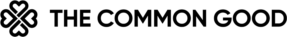 Black outlined logo with four interconnected heart shapes forming a clover on the left, followed by the words "THE COMMON GOOD" in bold, uppercase letters.
