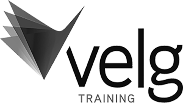 Stylized logo with overlapping triangular shapes on the left and the word "Velg" prominently displayed; the word "TRAINING" appears smaller below.