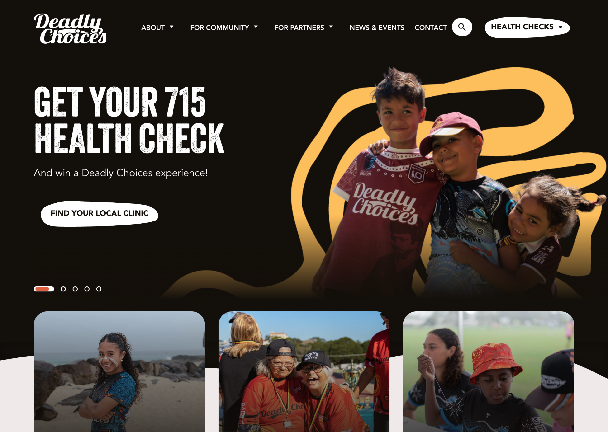 Screenshot of the Deadly Choices website showing a banner with four smiling Aboriginal children, text promoting the 715 health check, and photos of community members outdoors wearing Deadly Choices shirts.