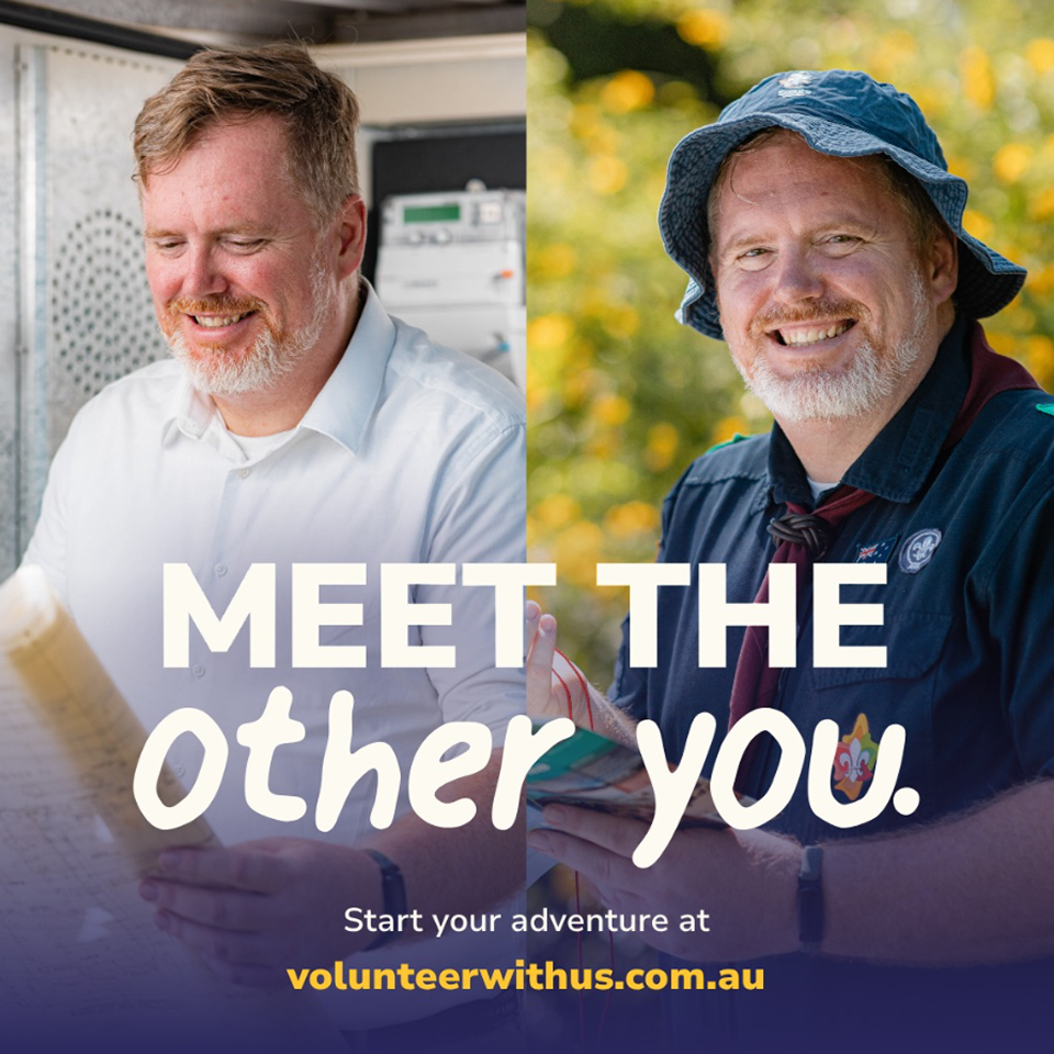 A split-image shows a smiling man in an office on the left and outdoors in casual clothes on the right. Text reads: "Meet the other you. Start your adventure at volunteerwithus.com.au.