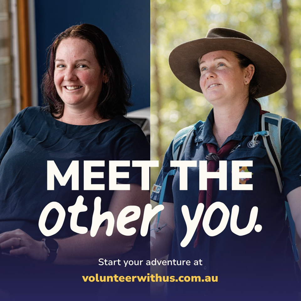Split image of the same woman indoors in business attire on the left and outdoors in a scout leader uniform on the right. Text reads, "MEET THE other you. Start your adventure at volunteerwithus.com.au.