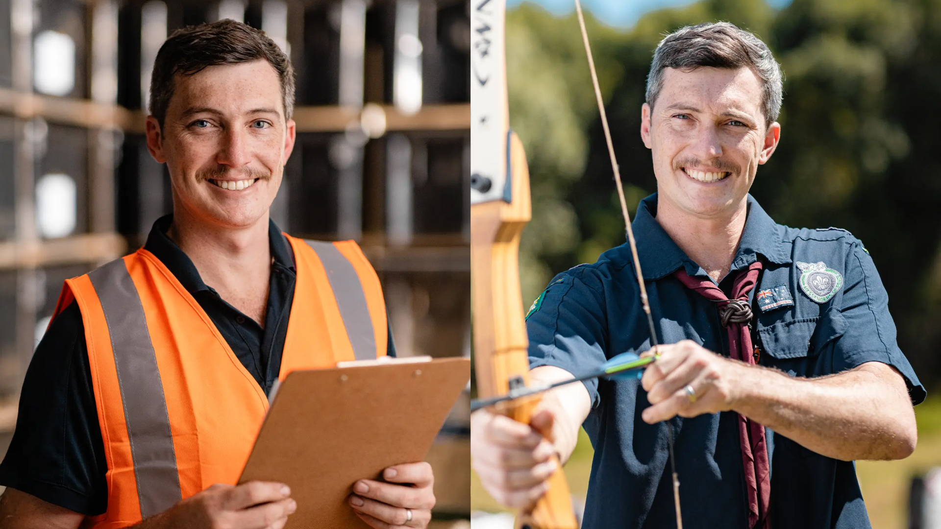 Split image: On the left, a man in an orange safety vest smiles while holding a clipboard indoors. On the right, the same man outdoors, dressed in a scout uniform, aims a bow and arrow, smiling at the camera.