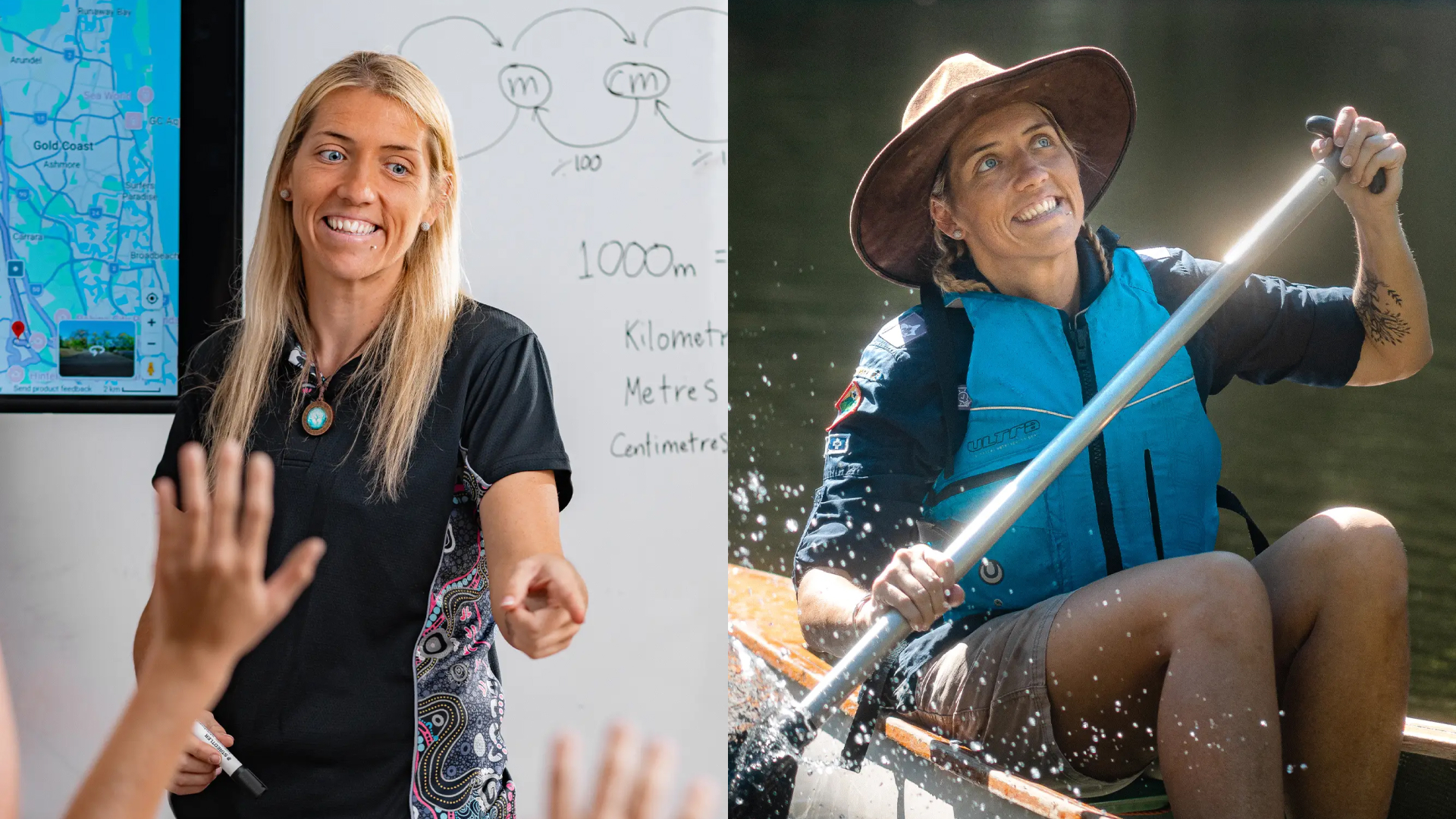 Split image: On the left, a woman smiles while teaching in a classroom with a whiteboard and map; on the right, she is paddling a canoe, wearing a life vest and wide-brimmed hat, and smiling.