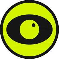 A bright yellow circle with a thick black outline shows a black oval and a smaller black dot inside, resembling a stylized eye.