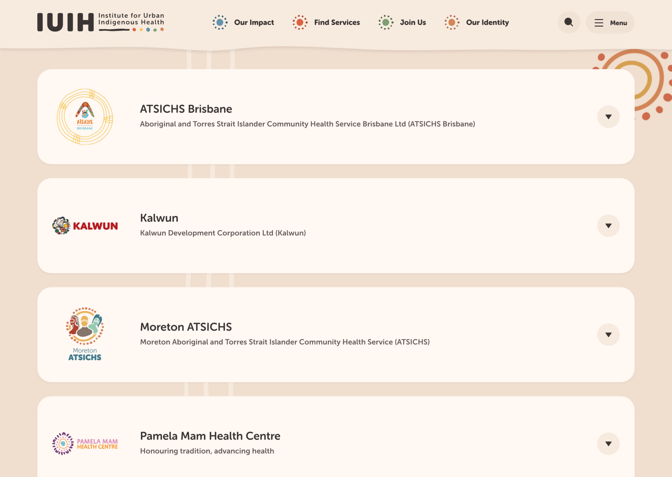 A webpage lists four Aboriginal and Torres Strait Islander health services, each with a logo and name: ATSICHS Brisbane, Kalwun, Moreton ATSICHS, and Pamela Mam Health Centre, on a beige background.