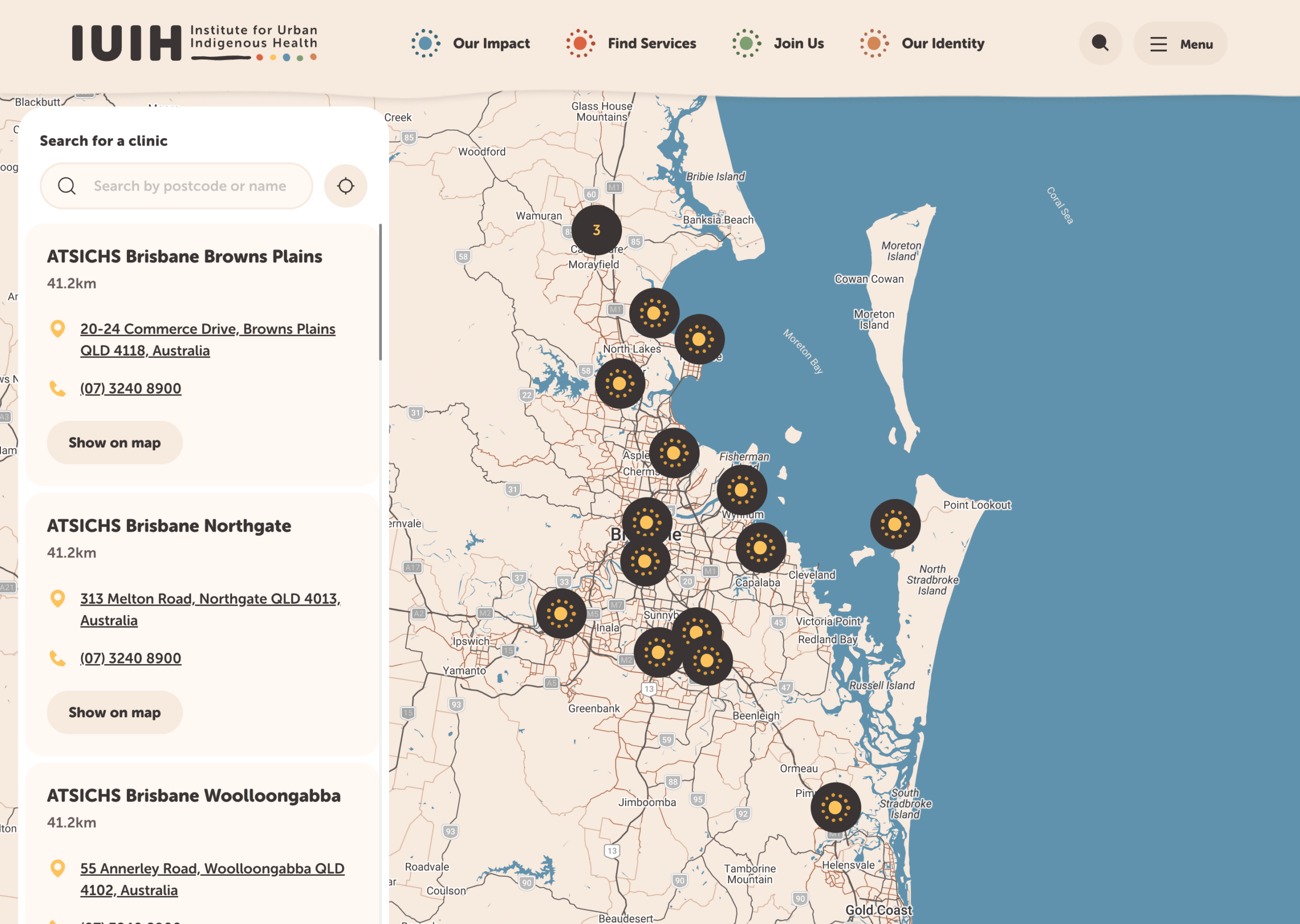 Map of the Brisbane area showing locations of ATSICHS clinics, marked with numbered pins. A list of clinic names, addresses, and phone numbers appears on the left side of the screen.