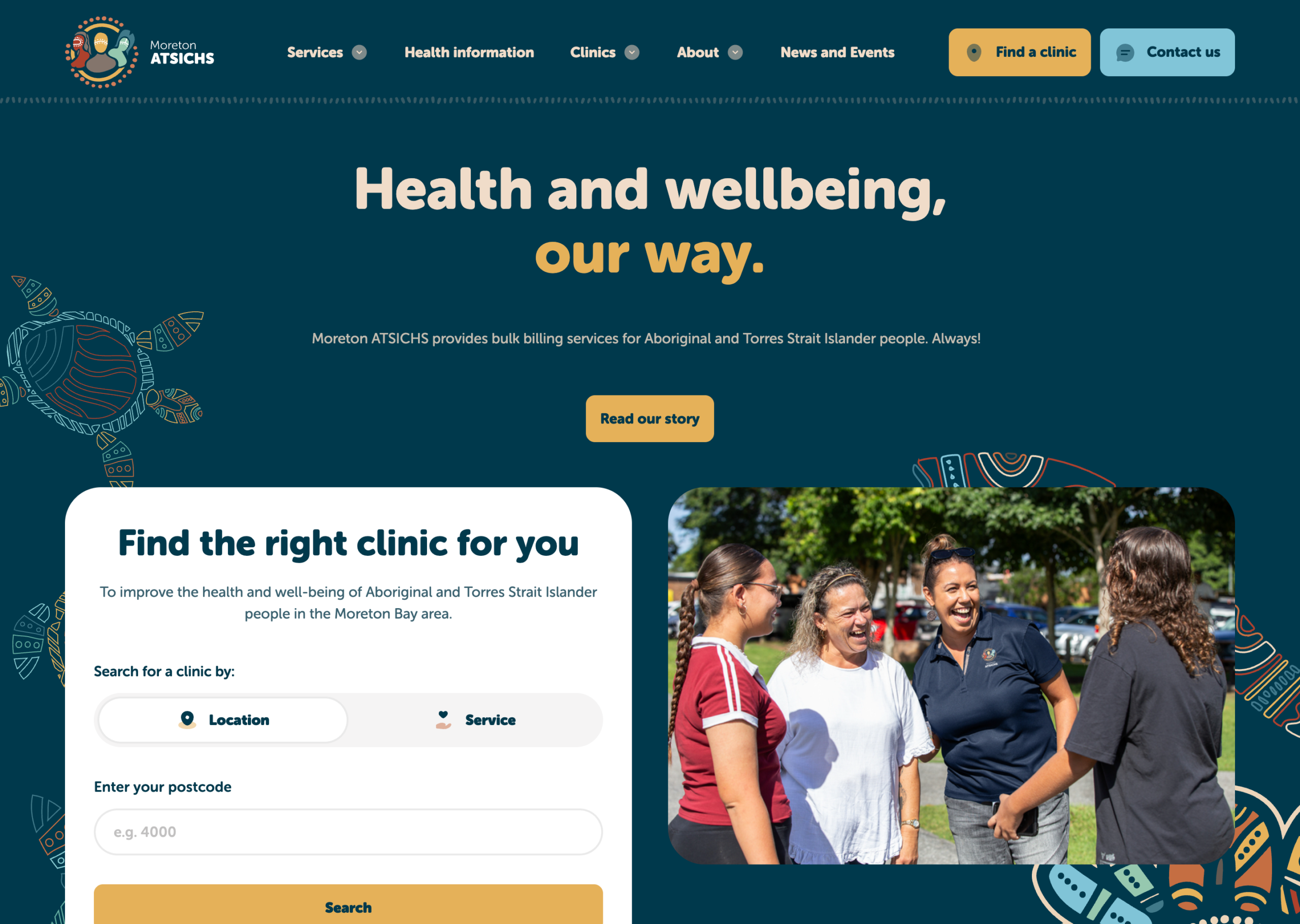 Screenshot of the Moreton ATSICHS website homepage, featuring a header "Health and wellbeing, our way" and a photo of four women smiling and talking outdoors beside a clinic search form.
