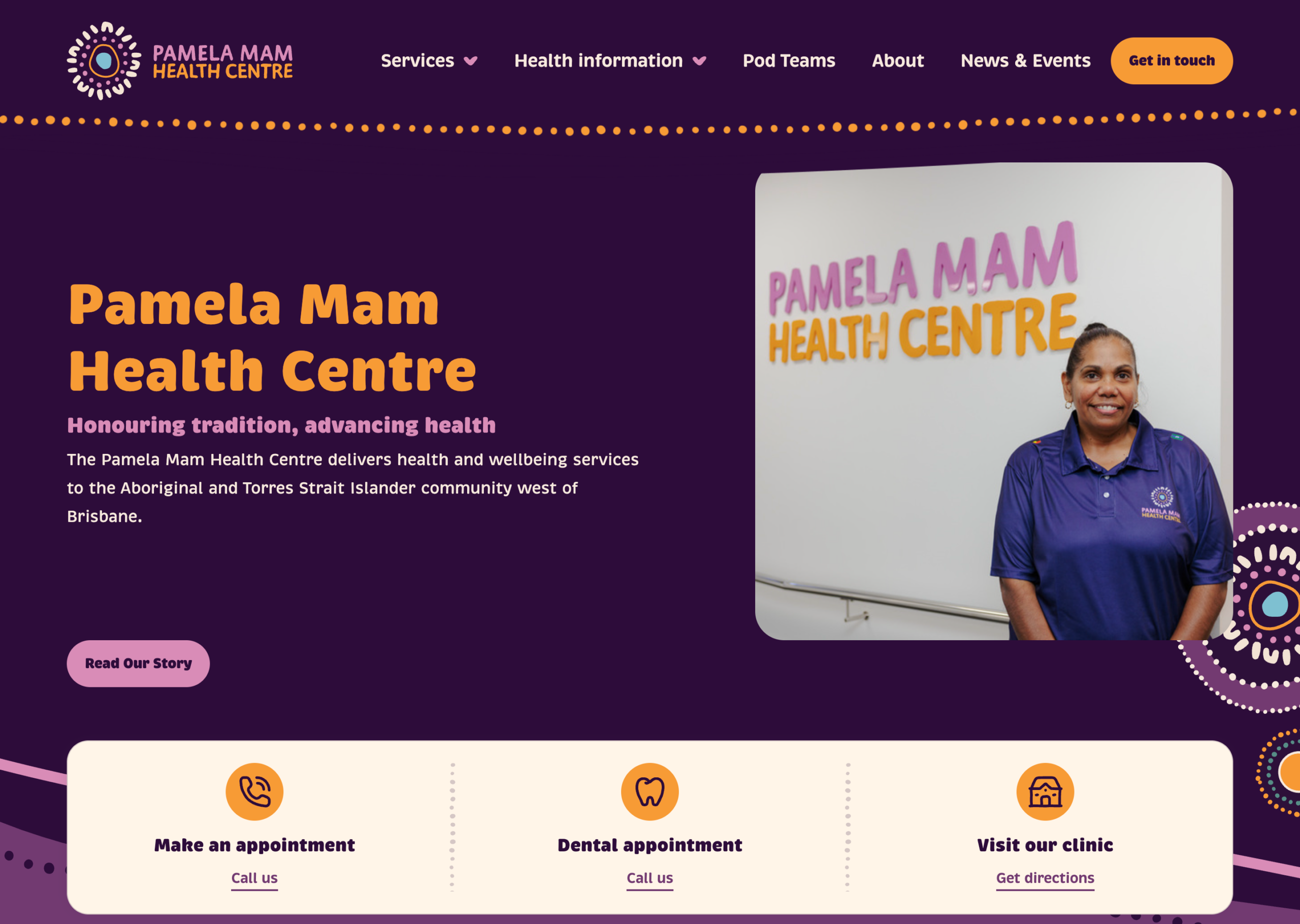Screenshot of the Pamela Mam Health Centre website, featuring a staff member smiling beside a sign with the centre's name, and navigation buttons for making appointments and health information.