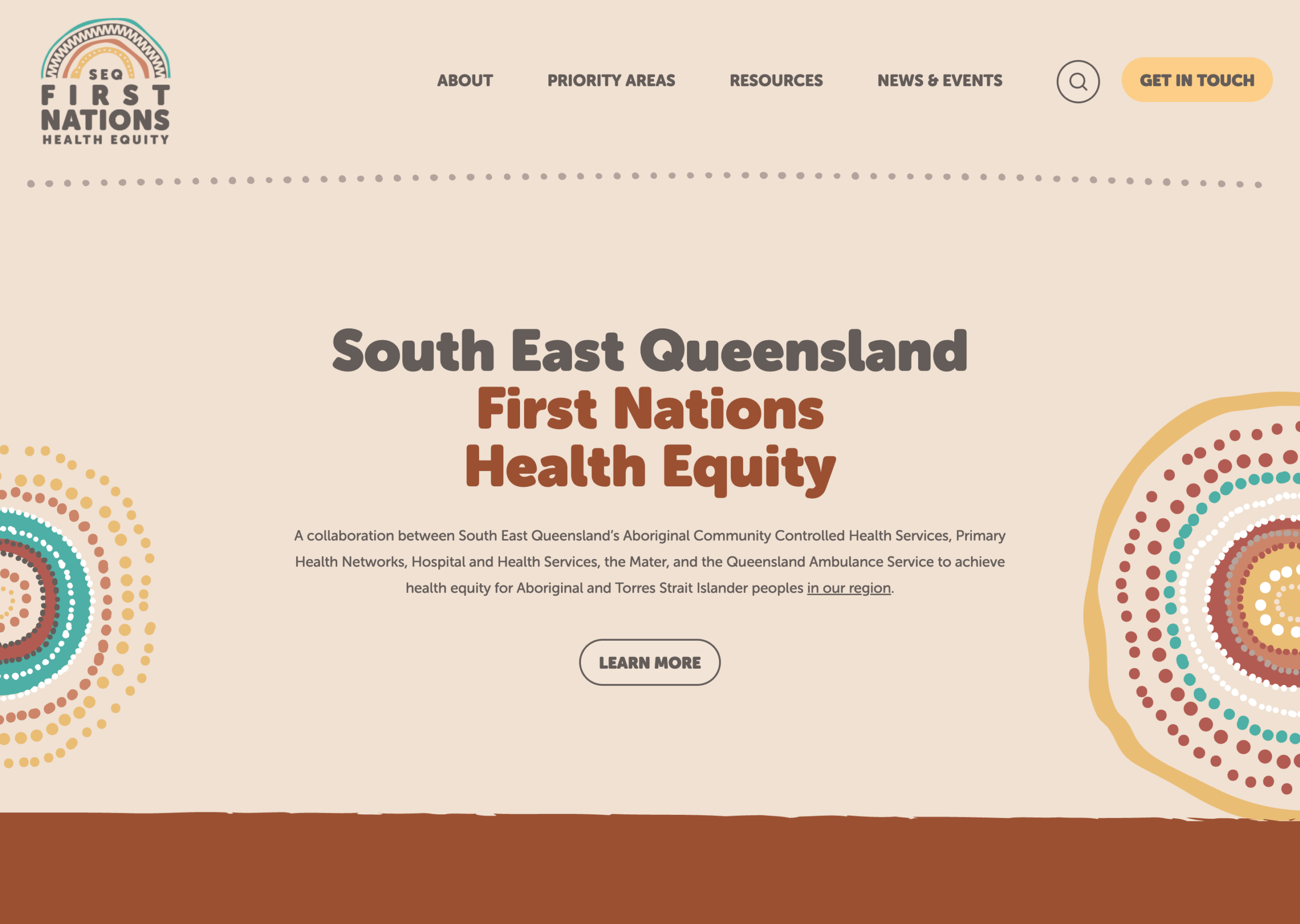 Website homepage for South East Queensland First Nations Health Equity, featuring a headline, navigation menu, "Get in Touch" button, and colourful circular Indigenous art designs on a beige background.