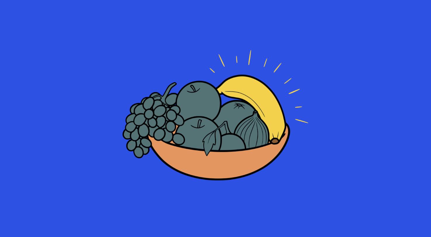 An illustration of a fruit bowl with green grapes, apples, a banana, and a pear on a bright blue background. The banana has yellow lines around it, highlighting its presence.
